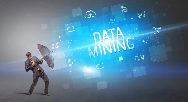 Zakenman Verdedigen Met Paraplu Van Cyber Aanval Data Mining Inscriptie — Stockfoto