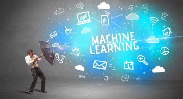 Businessman Defending Umbrella Machine Learning Inscription Modern Technology Concept — Stock Photo, Image