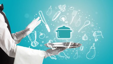 Garson elinde gümüş tepsi, içinden esrar ikonları çıkıyor, sağlıklı yiyecek konsepti.