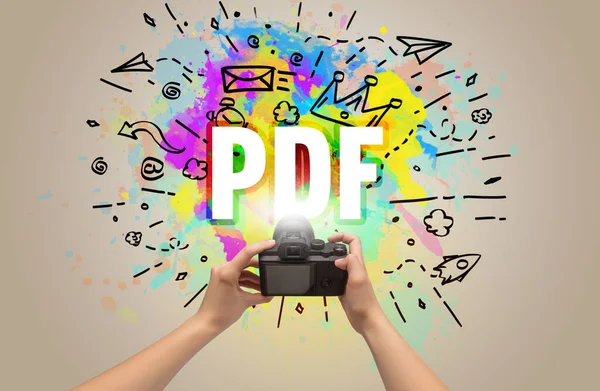 Close Hand Holding Digital Camera Abstract Drawing Pdf Inscription — Stock Photo, Image