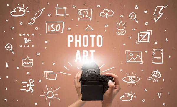 Fotografia Mão Com Câmera Digital Inscrição Photo Art Conceito Configurações — Fotografia de Stock