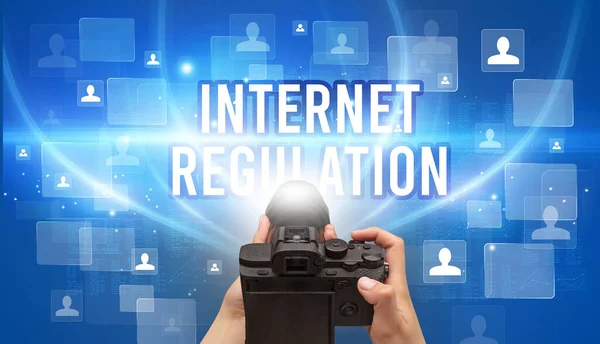 Close Hand Holding Camera Internet Regulation Inscription Video Surveillance Concept — Stock Photo, Image