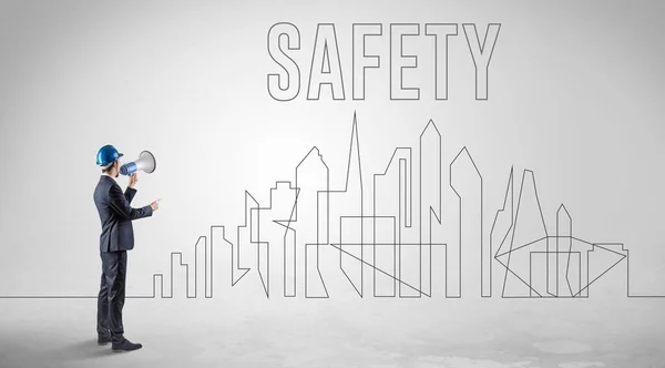 Бізнесмен Капелюсі Тримає Відбиток Написом Safety Інженерною Архітектурною Концепцією — стокове фото
