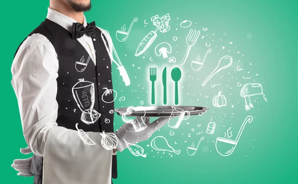 Waiter Holding Silver Tray Cutlery Icons Coming Out Health Food — Stock Photo, Image