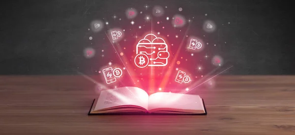 Open book with bitcoin wallet icons above, currency exchange concept