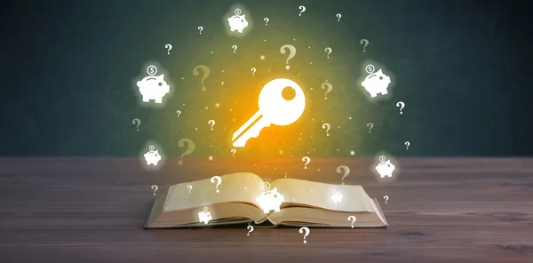 Open book with key icons above, new business concept