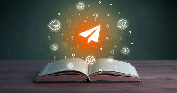 Open book with paper airplane icons above, new business concept