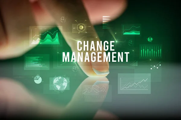 Ujj Megható Tabletta Grafikonokkal Change Management Felirattal Üzleti Koncepció — Stock Fotó