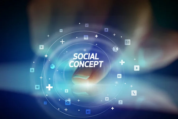 Δάχτυλο Συγκινητικό Tablet Εικόνες Κοινωνικής Δικτύωσης Και Την Κοινωνική Έννοια — Φωτογραφία Αρχείου