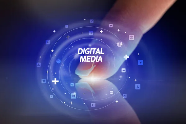 Finger Röra Tablett Med Sociala Medier Ikoner Och Digital Media — Stockfoto