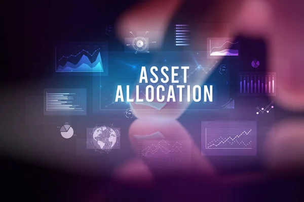 Трогательный Планшет Таблицами Надписью Asset Allocation Бизнес Концепция — стоковое фото