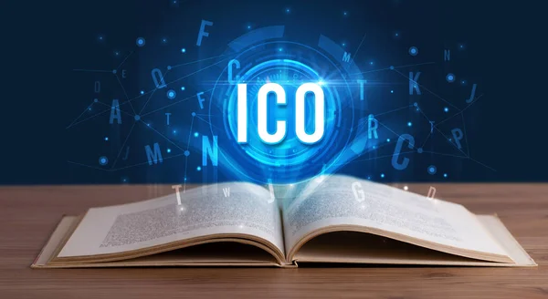 Ico Inscriptie Afkomstig Uit Een Open Boek Digital Technology Concept — Stockfoto