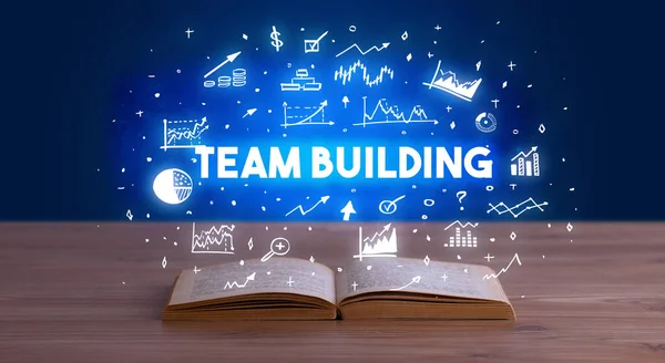 Team Building Nápis Vycházející Otevřené Knihy Obchodní Koncept — Stock fotografie