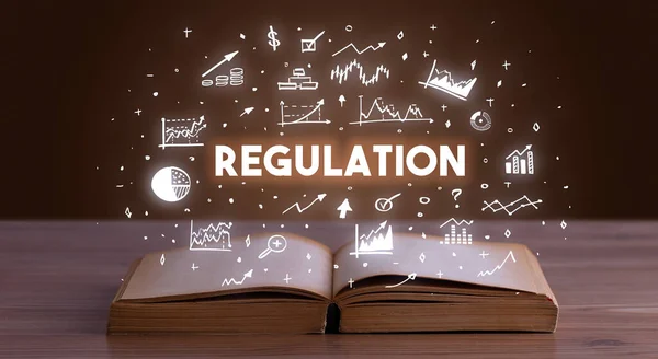 REGULATION inscription coming out from an open book, business concept