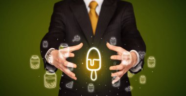 Elde dondurma ikonu, sağlıklı yemek teslimatı konsepti.