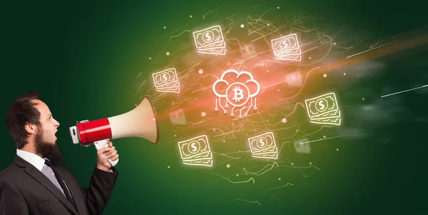 Young person yelling in megaphone and bitcoin in cloud icon, currency exchange concept