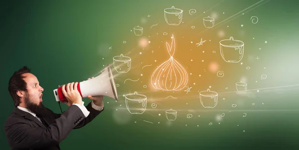 Young Person Shouting Megaphone Farm Grown Onion Icon Healthy Eating — Stock Photo, Image