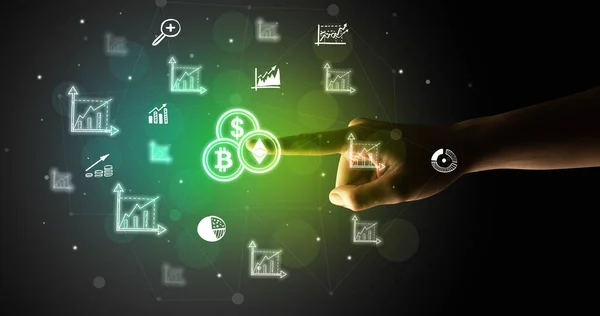 Businessman finger touching on screen multimedia interface with hand drawn cryptocurrencies icons futuristic concept