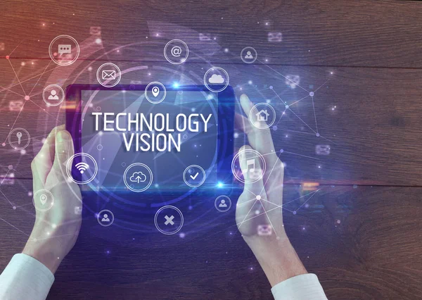 Primer Plano Una Tableta Con Inscripción Tecnology Vision Concepto Tecnológico —  Fotos de Stock