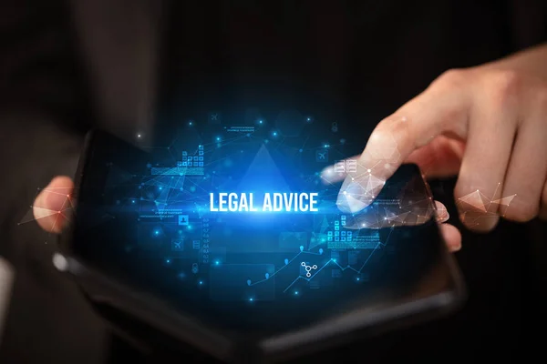 Businessman Holding Foldable Smartphone Legal Advice Inscription Business Concept — Stock Photo, Image