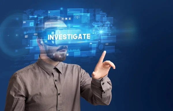 Businessman Looking Virtual Reality Glasses Investigate Inscription Innovative Security Concept — Stock Photo, Image
