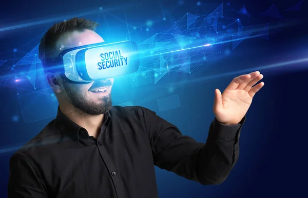 Businessman Looking Virtual Reality Glasses Social Security Inscription Cyber Security — Stock Photo, Image