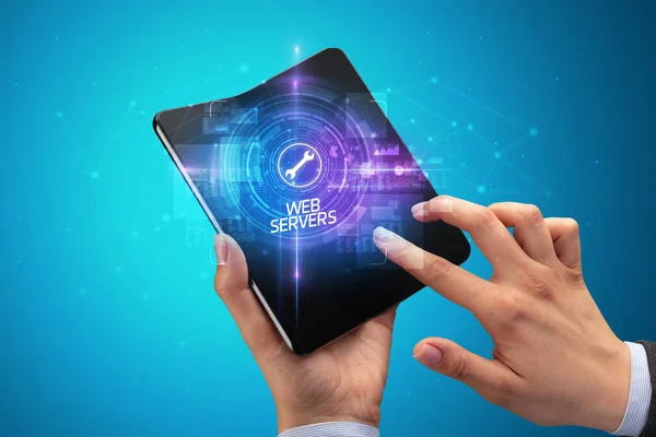 Businessman Holding Foldable Smartphone Biotech Inscription New Technology Concept Web — Stock Photo, Image