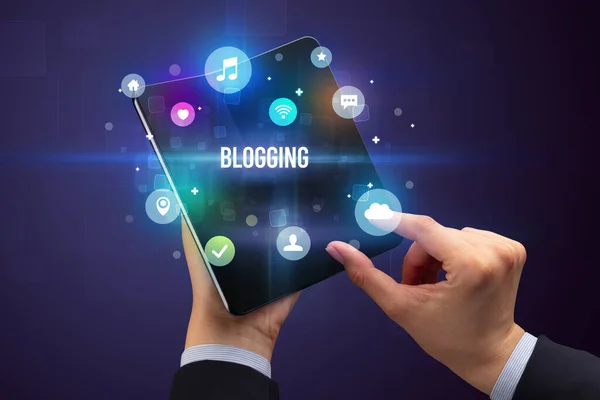 Businessman Holding Foldable Smartphone Blogging Inscription Social Media Concept — Stock Photo, Image