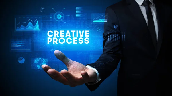 Рука Бізнесмена Тримає Напис Creative Process Концепція Успіху Бізнесу — стокове фото