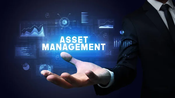 Mão Empresário Segurando Inscrição Asset Management Conceito Sucesso Empresarial — Fotografia de Stock