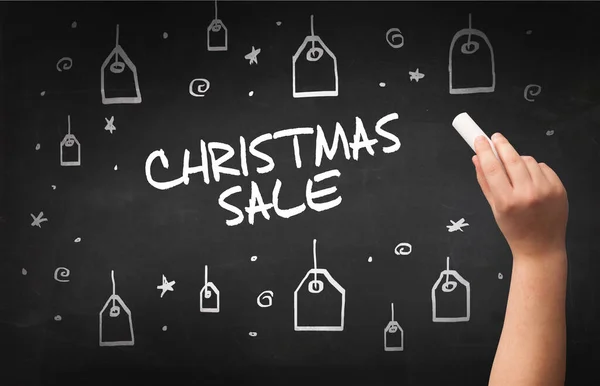Χειροποίητο Σχέδιο Χριστουγεννα Sale Επιγραφή Άσπρη Κιμωλία Στον Μαυροπίνακα Online — Φωτογραφία Αρχείου