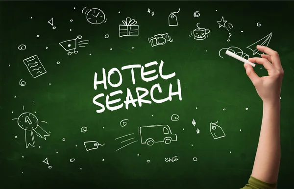 Desenho Mão Hotel Search Inscrição Com Giz Branco Quadro Negro — Fotografia de Stock