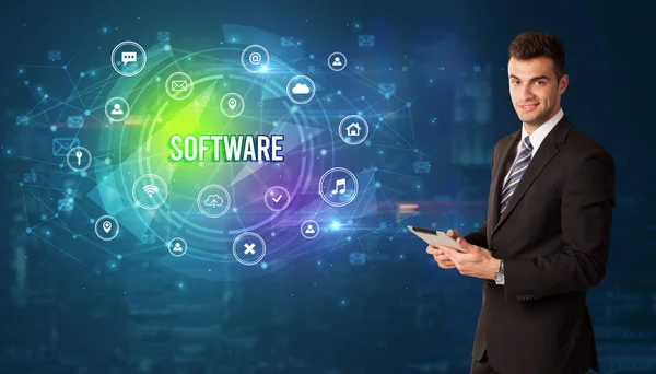 Businessman Thinking Front Technology Related Icons Software Inscription Modern Technology — Stock Photo, Image