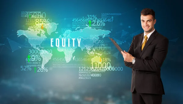 Uomo Affari Fronte Una Decisione Con Iscrizione Equity Concetto Business — Foto Stock