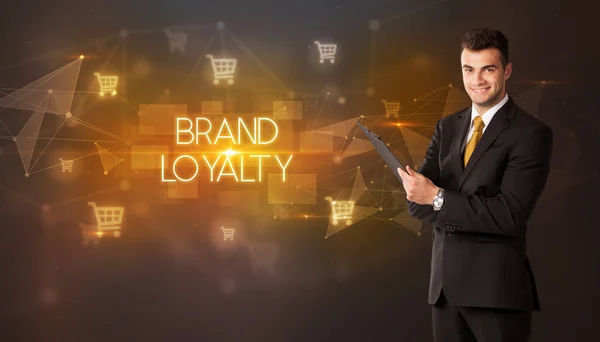 Zakenman Met Winkelwageniconen Brand Loyalty Inscriptie Online Shopping Concept — Stockfoto