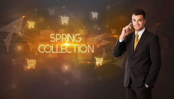 Zakenman Met Winkelwagenpictogrammen Inscriptie Spring Collection Online Shopping Concept — Stockfoto