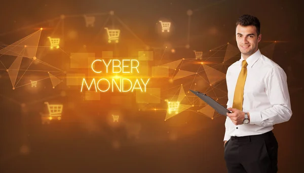 Zakenman Met Winkelwagentjes Iconen Cyber Monday Inscriptie Online Shopping Concept — Stockfoto