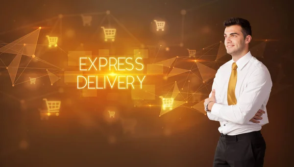 Alışveriş Arabası Simgeleri Express Delivery Yazıtları Olan Bir Işadamı Online — Stok fotoğraf
