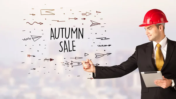 Pohledný Obchodník Kresbou Helmy Autumn Prodej Nápis Koncept Výtvarného Prodeje — Stock fotografie