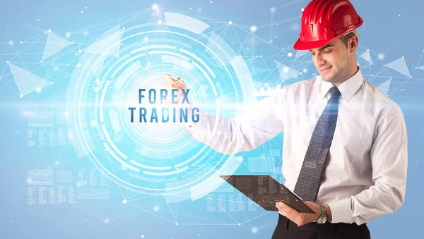 Pengusaha Tampan Dengan Helm Menggambar Tulisan Forex Trading Konsep Bisnis — Stok Foto