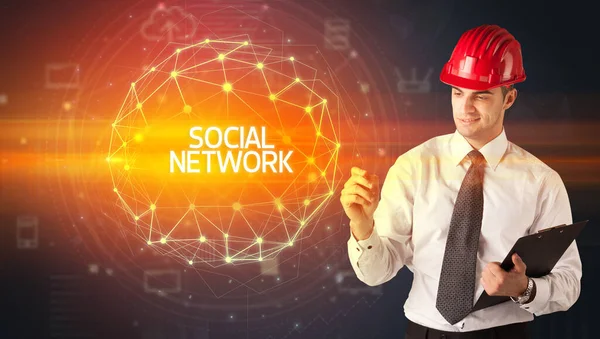 Jóképű Üzletember Sisak Rajz Szociális Hálózati Felirat Társadalmi Konstrukció Koncepció — Stock Fotó