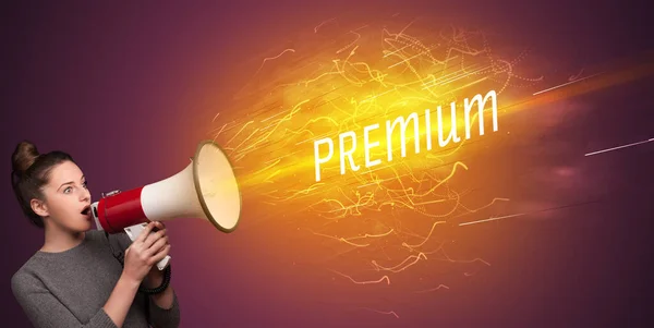 Young Girld Shouting Megaphone Premium Inscription Online Shopping Concept — Stock Photo, Image