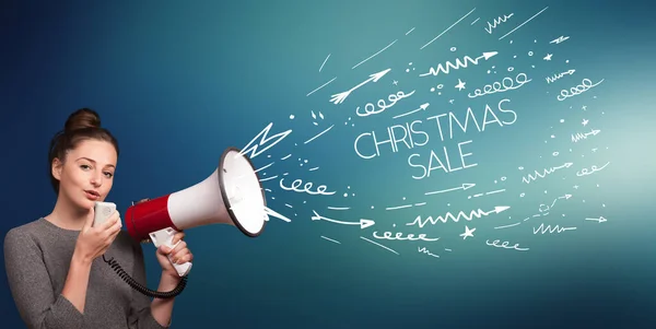 Young Girl Screaming Megaphone Christmas Sale Inscription Shopping Concept — Stock Photo, Image
