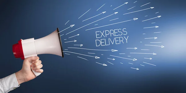 Jong Meisje Schreeuwen Naar Megafoon Met Express Delivery Inscriptie Shopping — Stockfoto