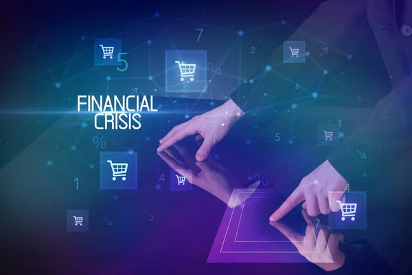 Online Nakupování Koncepcí Nápisu Financial Crisis Ikonami Nákupního Košíku — Stock fotografie