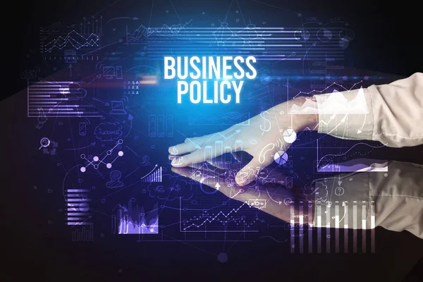 Geschäftsmann Berührt Riesigen Bildschirm Mit Geschäftspolitik Aufschrift Cyber Business Konzept — Stockfoto