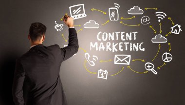 İçerik MarkeTING yazısına sahip sosyal medya simgeleri çizen işadamı, yeni medya kavramı
