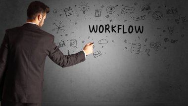 WorKFLOW yazıtları ve iş stratejisi konseptiyle yaratıcı bir fikir çizimi yapan işadamı.