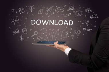 DOWNLOAD yazıtları ve sosyal medya kavramına sahip dokunmatik ekranın yakın plan görüntüsü