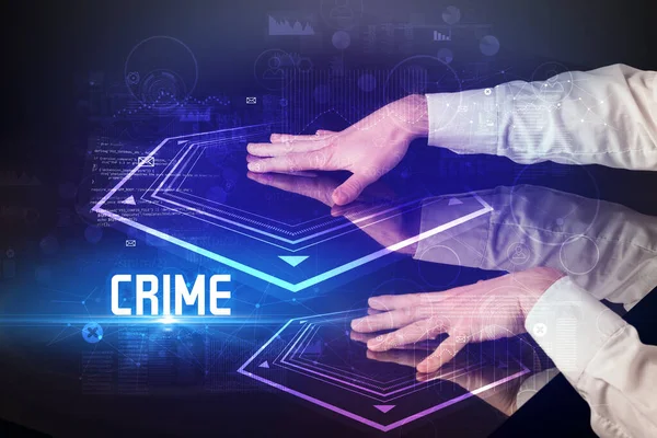 Mão Tocando Mesa Digital Com Inscrição Crime Conceito Segurança Nova — Fotografia de Stock